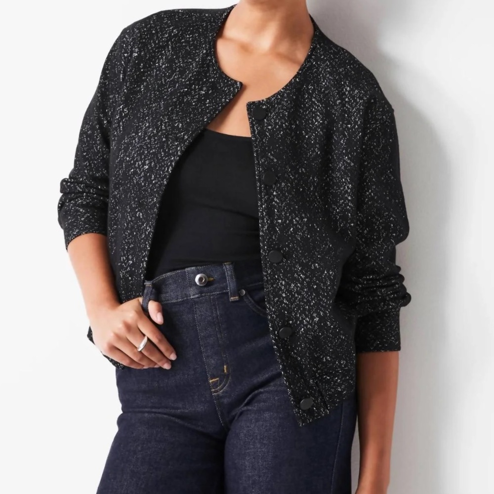 NWOT SPANX herringbone ponte knit bomber jacket size xs black‎ and white